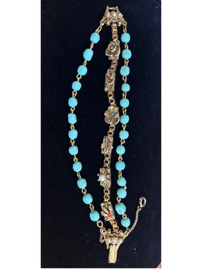 Women's vintage Turquoise Gold color Beaded Charm Bracelet safety catch intact